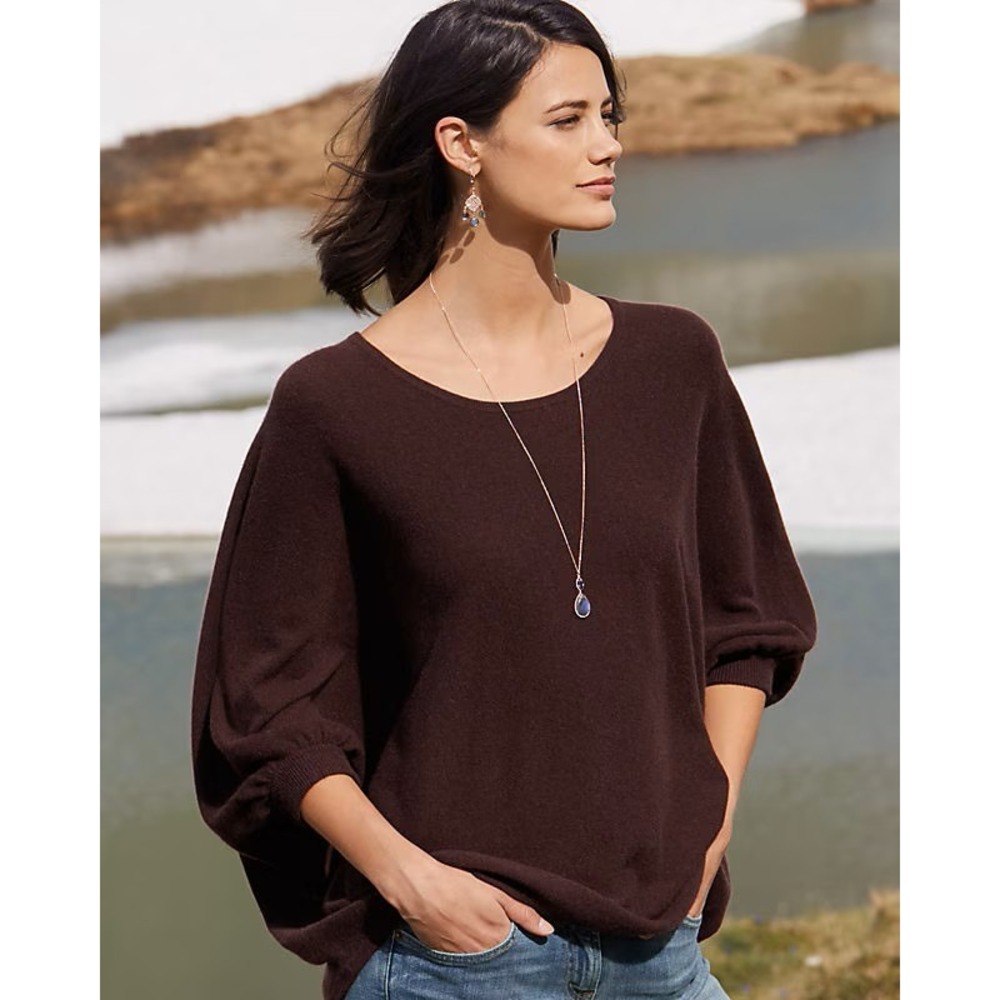 Garnet Hill M 100% Cashmere Batwing Cape Sweater Rich Brown Oversized Luxury